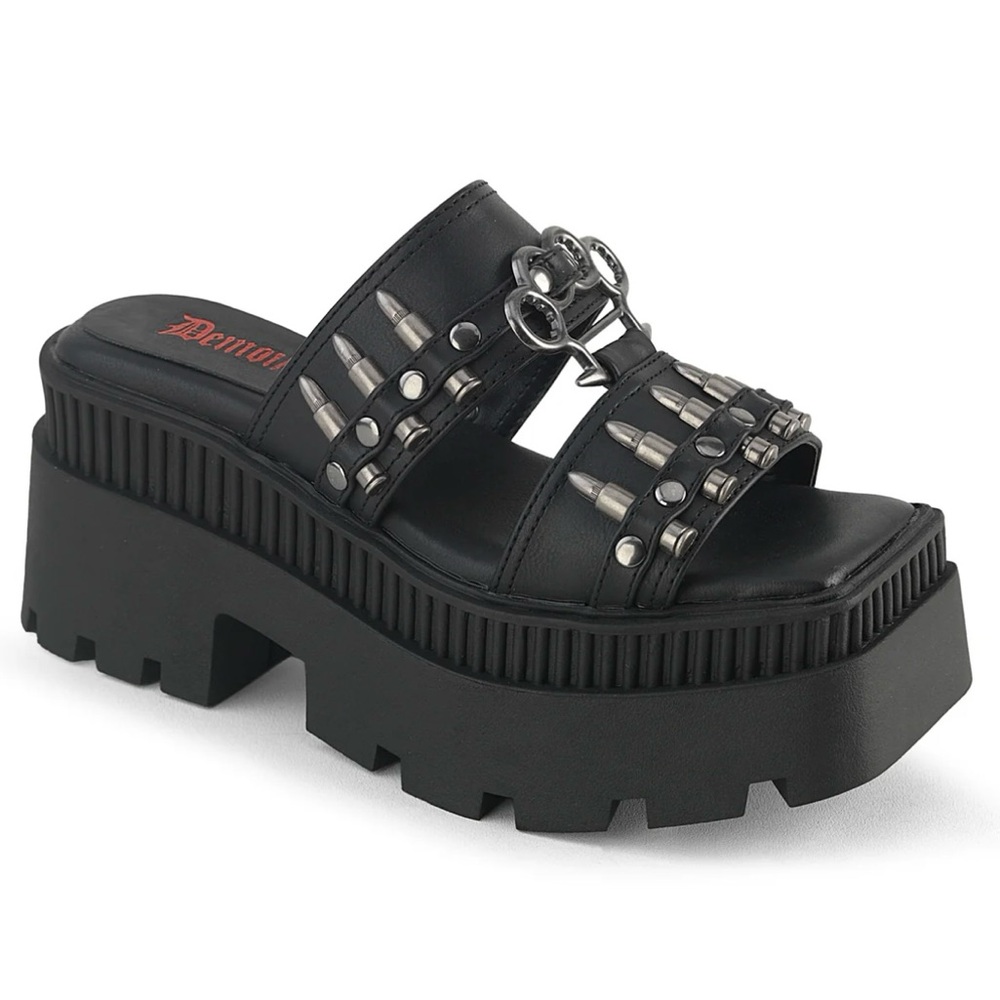 Demonia Black Studded Platform Slides